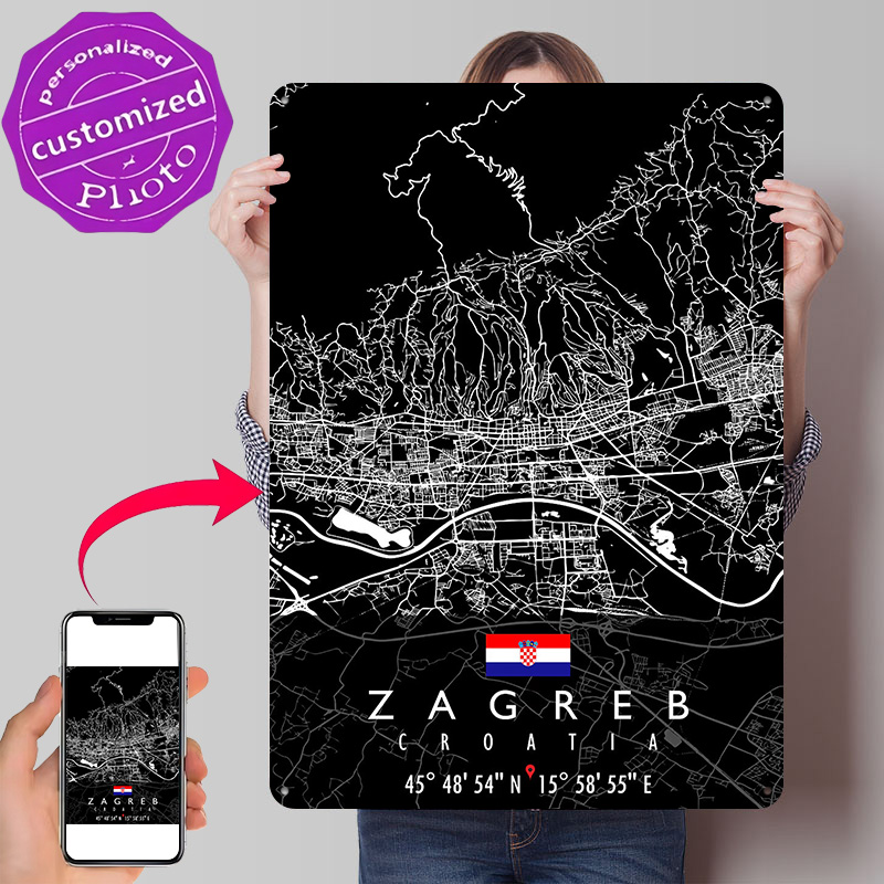 3D Printing Zagreb - ZAGREB MAP CROATIA โปสเตอร์เรโทร 3D พิมพ์โลหะป้ายตกแต่งผนังแบบกำหนดเองของขวัญสำหรับตกแต่งตกแต่งห้องหรูหรา