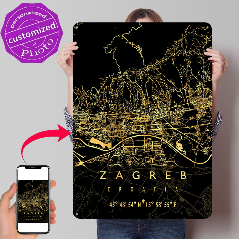 3D Printing Zagreb - โปสเตอร์พิมพ์ลาย 3 มิติ แผนที่เมืองซาเกร็บ ประเทศโครเอเชีย ป้ายโลหะวินเทจสั่งทำพิเศษสำหรับตกแต่งผนังบ้านสไตล์โมเดิร์น
