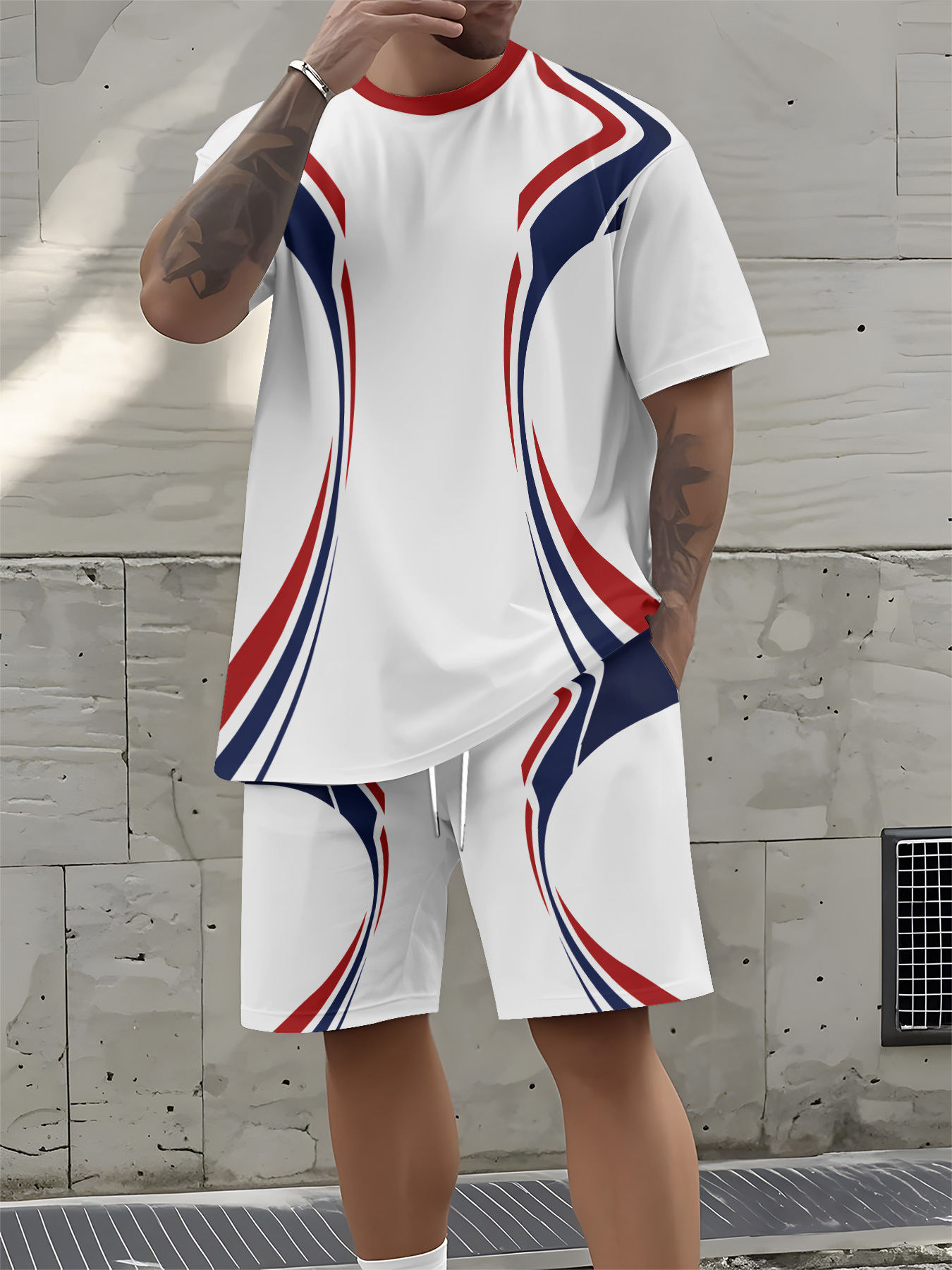 3D Printing Designing - ชุดเซ็ตเสื้อแขนสั้นผู้ชายลายทาง 3 มิติ รุ่นใหม่ประจำฤดูร้อนปี 2026 สำหรับแฟชั่นลำลองแนวสตรีท